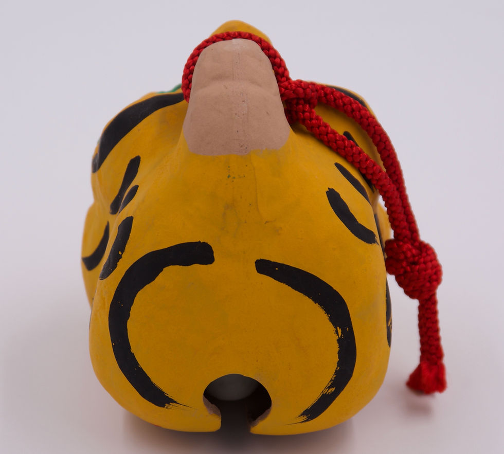 Thumbnail: vintage japanese tiger Tora  earthen dorei bell Takayama gifu mingei folk doll artisan pottery new old stock 80s