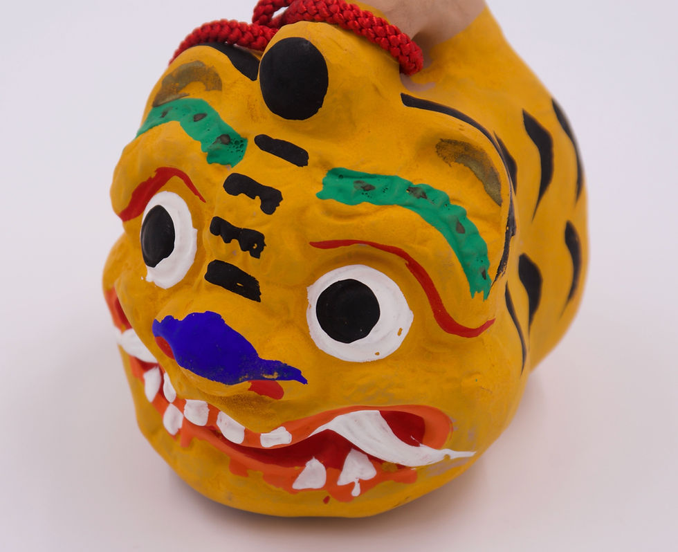 Thumbnail: vintage japanese clay handpainted dorei bell Takayama tiger Tora folk doll artisan pottery showa retro gifu new old stock 80s