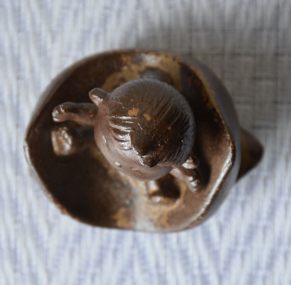Thumbnail: vintage japanese dorei bell momotaro peach boy Bizen yaki ware toshoen gama studio pottery retro folk toy signed mingei 70s