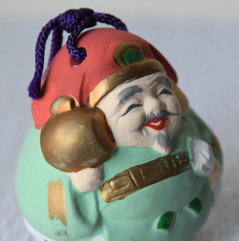 Thumbnail: vintage japanese dorei bell porcelain Daikoku mallet seven lucky gods Kyoto doll studio pottery Kyo yaki ware folk toy 70s