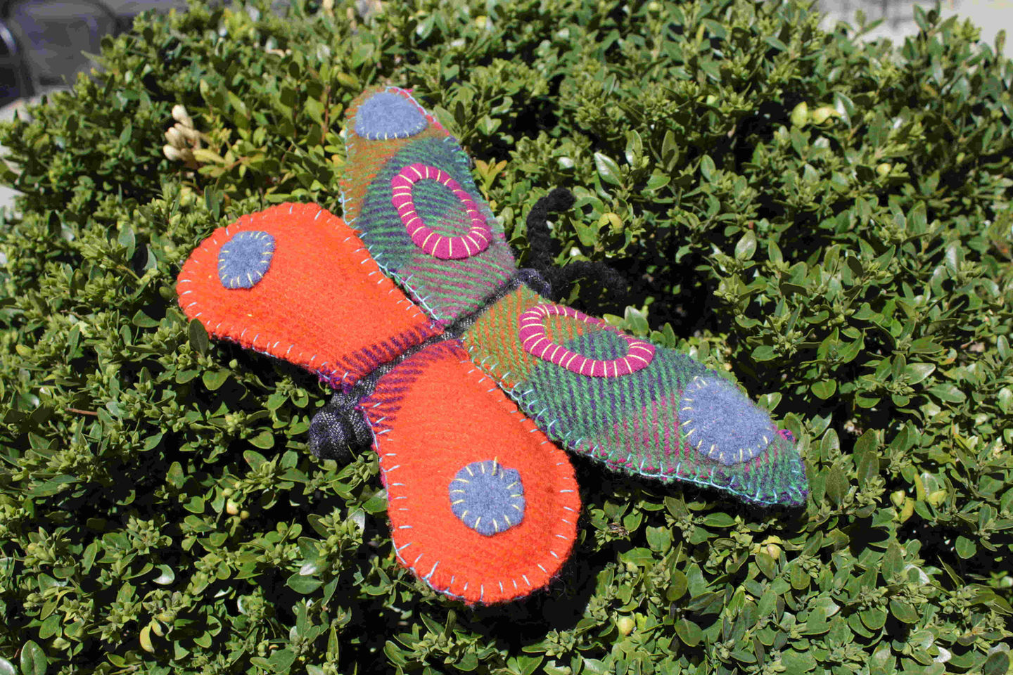 a colorful stuffed butterfly is sitting on a bush