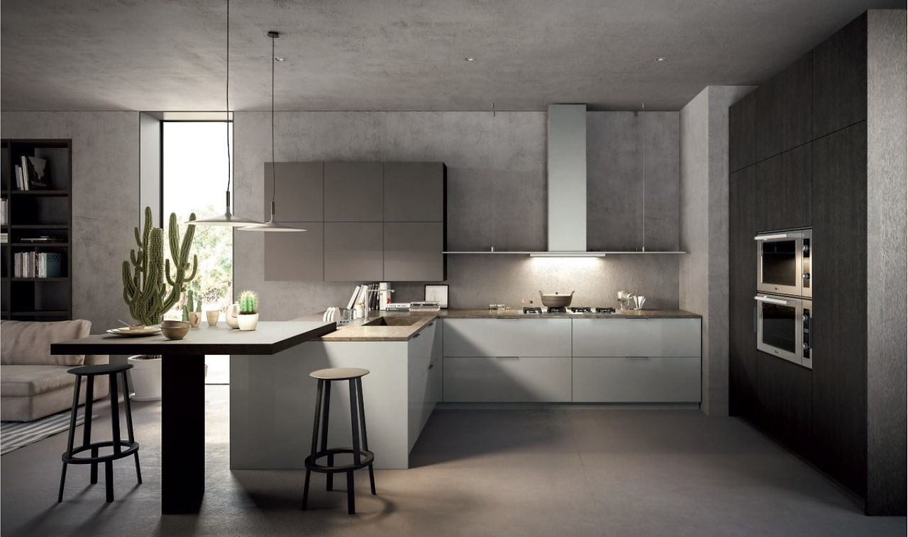 Basi laccato lucido Platino, pensili laccato opaco Moka Shine, colonne e snack Fashion Wood rovere Carbone