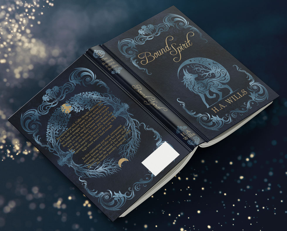 The full cover is a dark blue hard bound book featuring light blue foil filigree in the corners and the main figure on the front is a stylized wolf with nature elements in the tail. The title, Bound Spirit, and author, H.A. Wills, is in gold foil texture. The back cover features an mirrored arch of trees with moons and gold copy description of the book.
