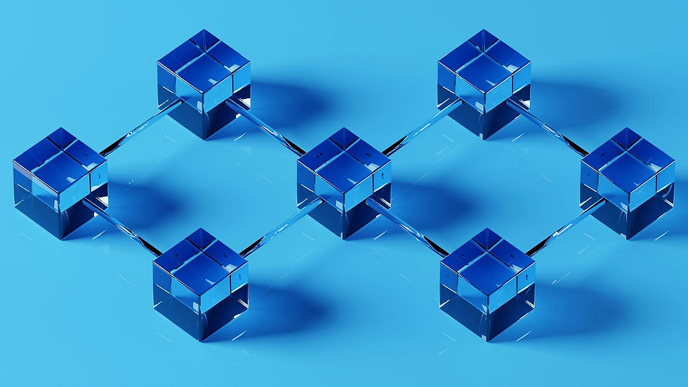 A network of interconnected blue cubes is elegantly arranged against a blue background, symbolizing modern digital connectivity and data flow.
