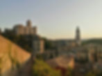 A picturesque view of Girona at sunset, featuring the majestic Girona Cathedral and the iconic Sant Feliu Church, surrounded by the charming, rustic rooftops of the medieval city.