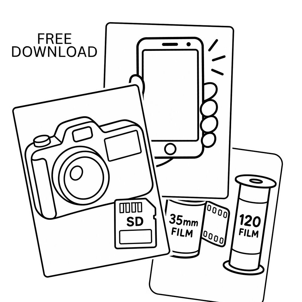 Black and white Click & Color line art with camera, phone, SD card, and film, square format