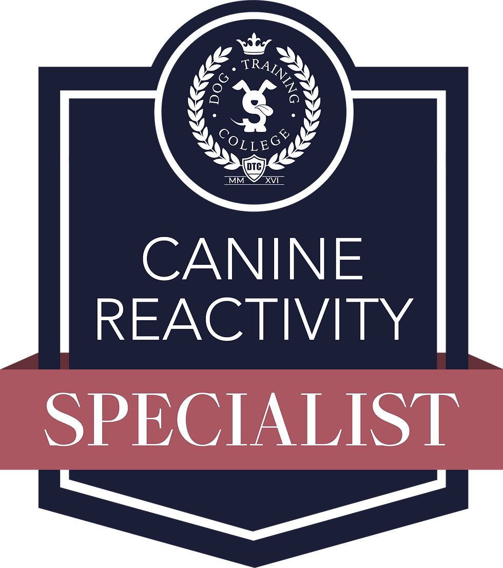 A badge awarded to a dog trainer who is a recognised canine reactivity specialist, which is the wording on the badge