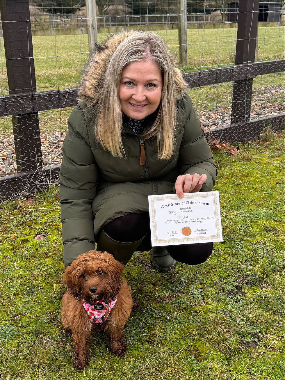 A photo of a dog owner and her dog. She is holding a certificate obtained by her dog for completing training