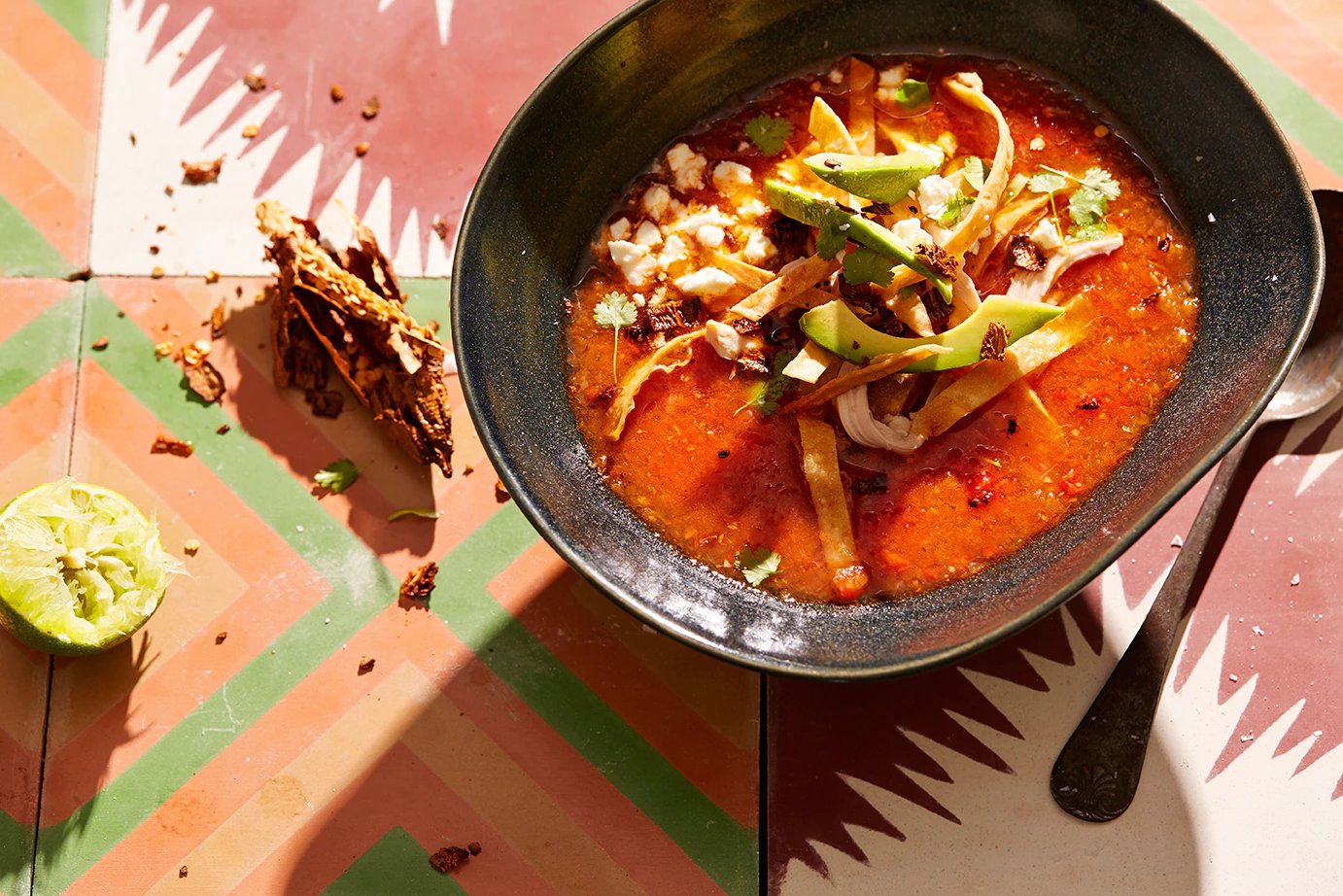 Aztec soup with feta and avocado