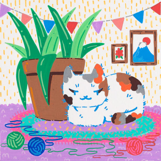 Calico Cat on Rug with Plant