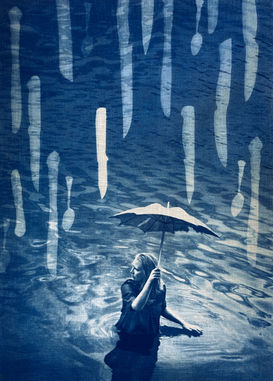 When it rains knives, cyanotype on linen fabric photograph and photogram