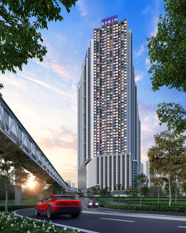 Modern high-rise building with red car on a road and elevated tracks