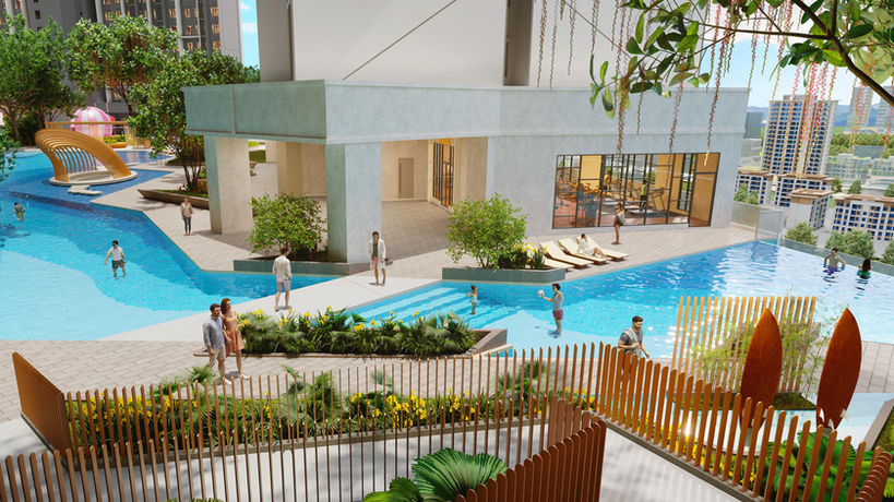 Resort-style pool area with water slide and sun loungers