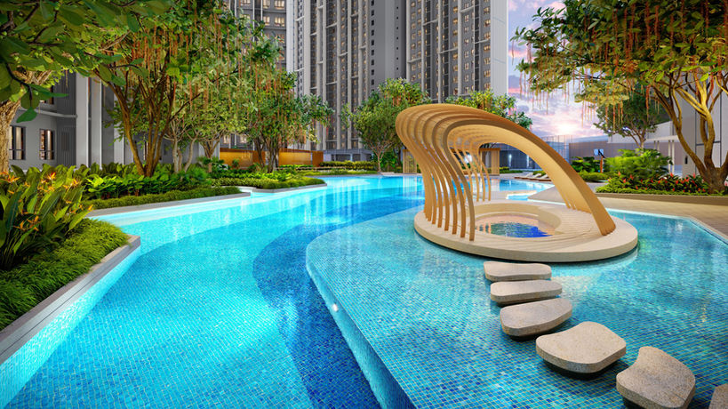 Curved swimming pool with modern cabana and trees