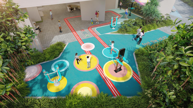 Outdoor fitness park with people exercising
