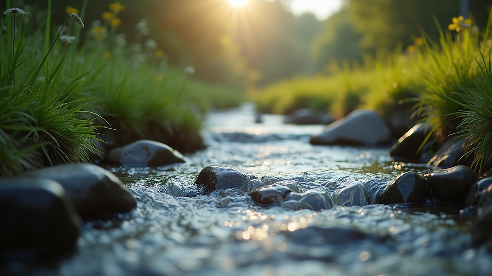 Close-up view of a serene nature scene with a flowing stream
