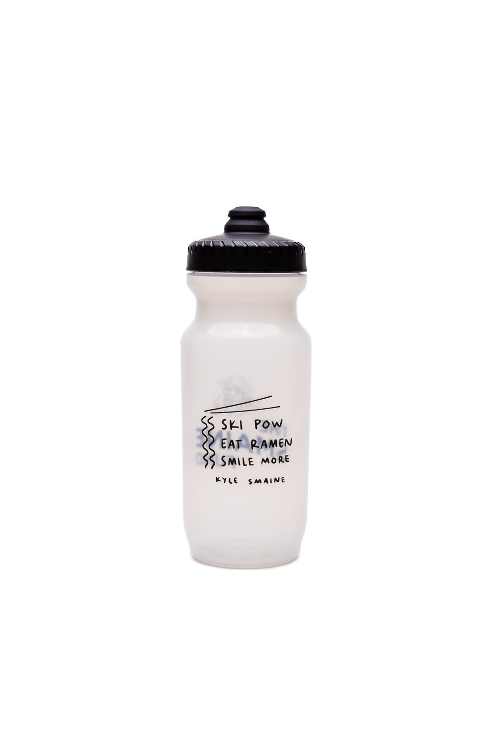 Thumbnail: The Smaine Fund bike water bottle back view. Says "ski pow, eat ramen, smile more - Kyle Smaine"