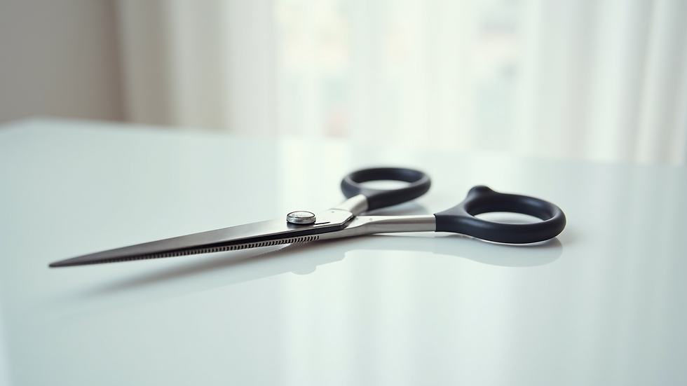 Eye-level view of professional hair scissors on a clean white surface
