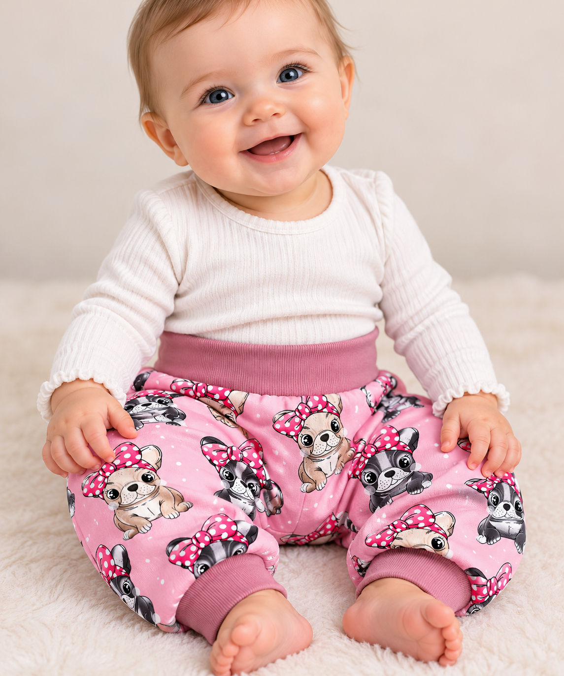 Baby mit rosa mitwachsender Pumphose „Schleifen-Hündchen“ von Kindersachen by Bea.