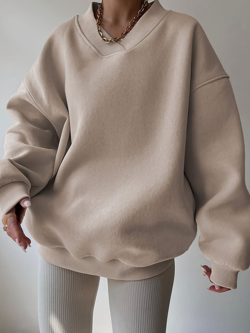 Miniatura: Cozy Women's Solid Color Pullover Sweatshirt, Long Sleeve V Neck Casual Wear for