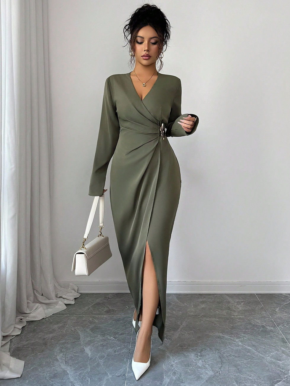 Miniatura: Woman Elegant Wrap V Neck Maxi Dress Ruched Waist High Slit Long Sleeve Gown Sop