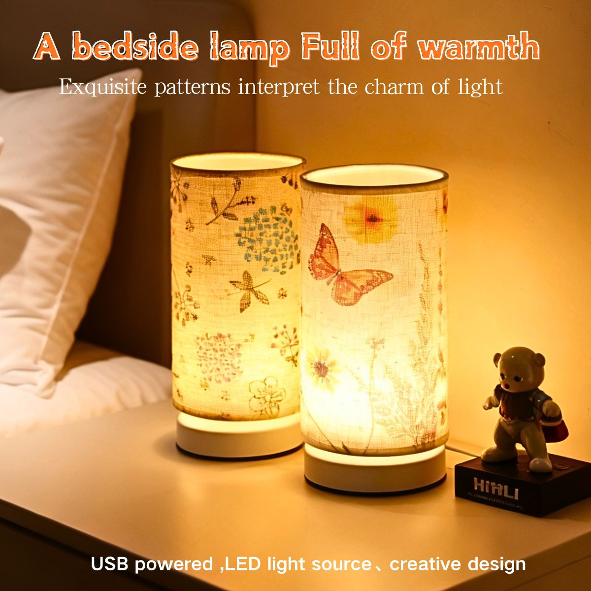 Luminária de Mesa Estilo Retrô Nórdico com Abajur de Tecido - Alimentada por USB