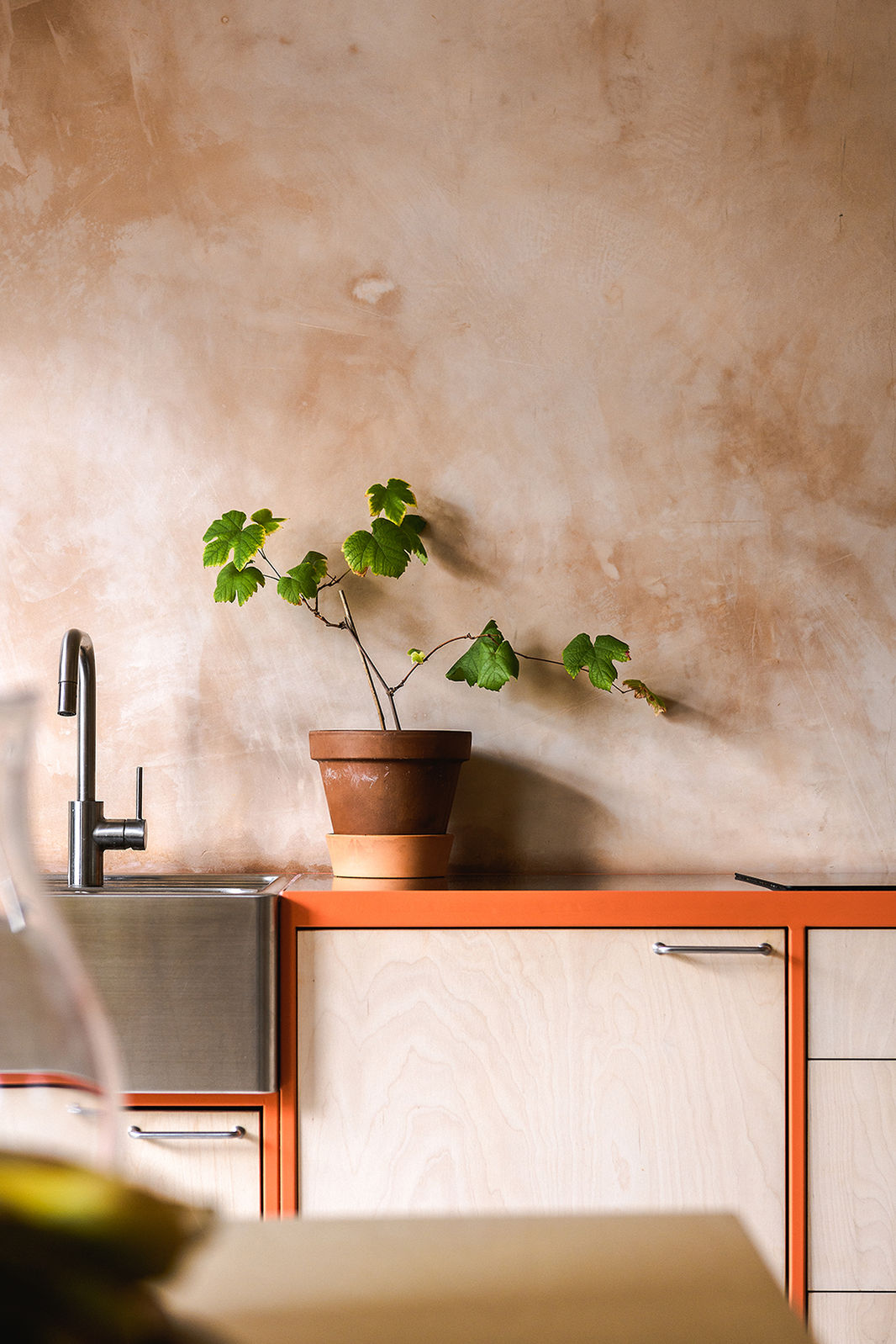 Industrial-style kitchen in a Victorian terrace with RAL 3022 steel frames, birch plywood units, stainless steel worktop, vintage G-Plan dresser, and French doors for added light.