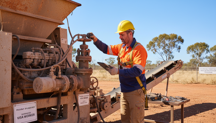 Eye-level view of a technician inspecting equipment at a regional worksite under clear daylight.