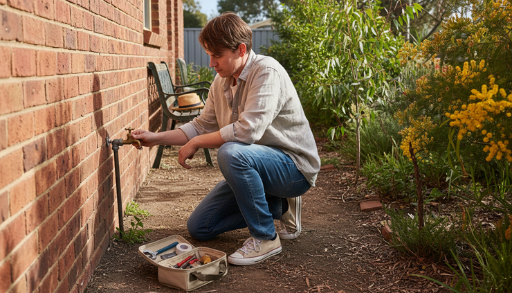 Eye-level view of a homeowner checking a garden tap beside a brick wall.
