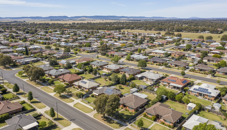 High-angle view of a South Australian neighbourhood with houses and tree-lined streets.