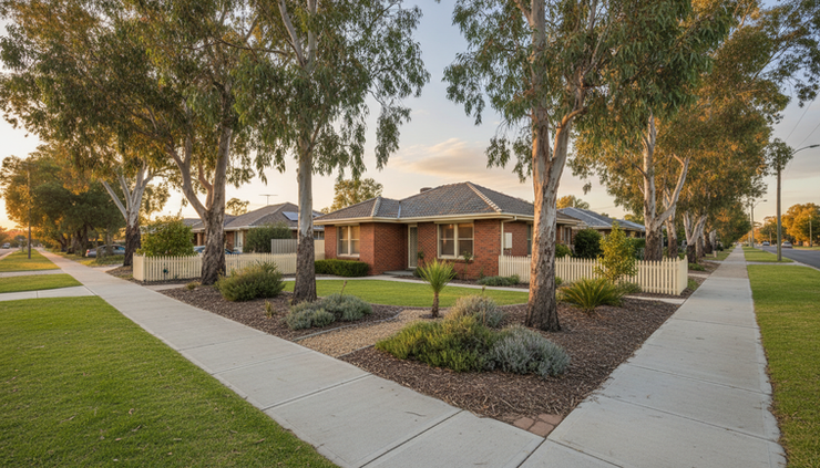 Wide-angle view of a modest brick home on a quiet South Australian street.