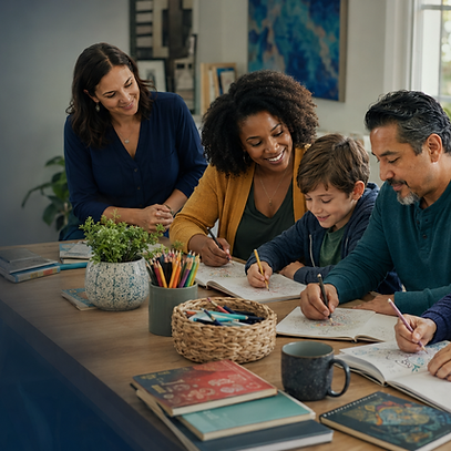 Diverse adults creating art together during a supportive community wellness workshop