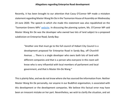 STATEMENT | Allegations regarding Enterprise Road development