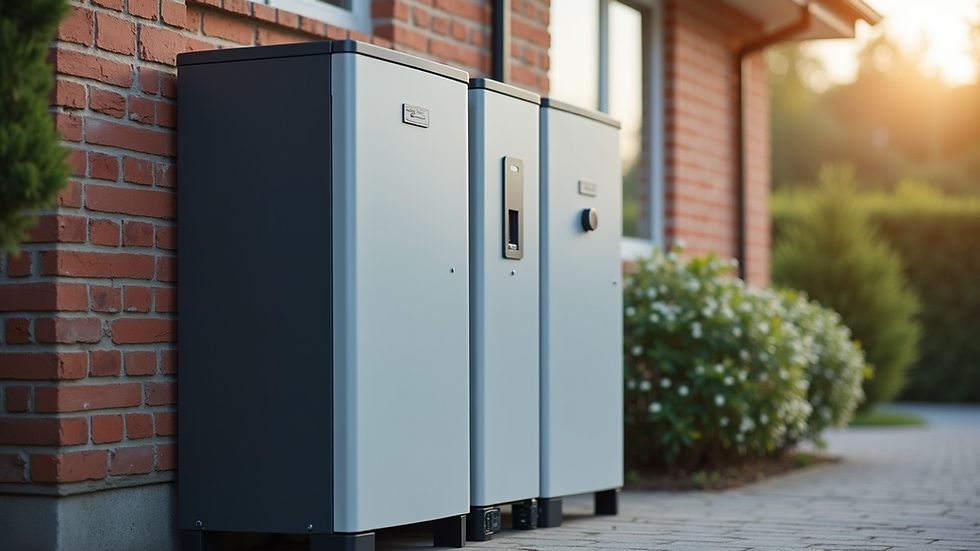 Close-up view of a home battery storage unit installed next to solar inverter
