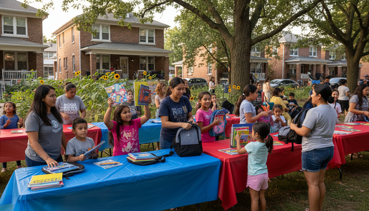 Wide-angle view of families receiving school supplies at a community back-to-school event.