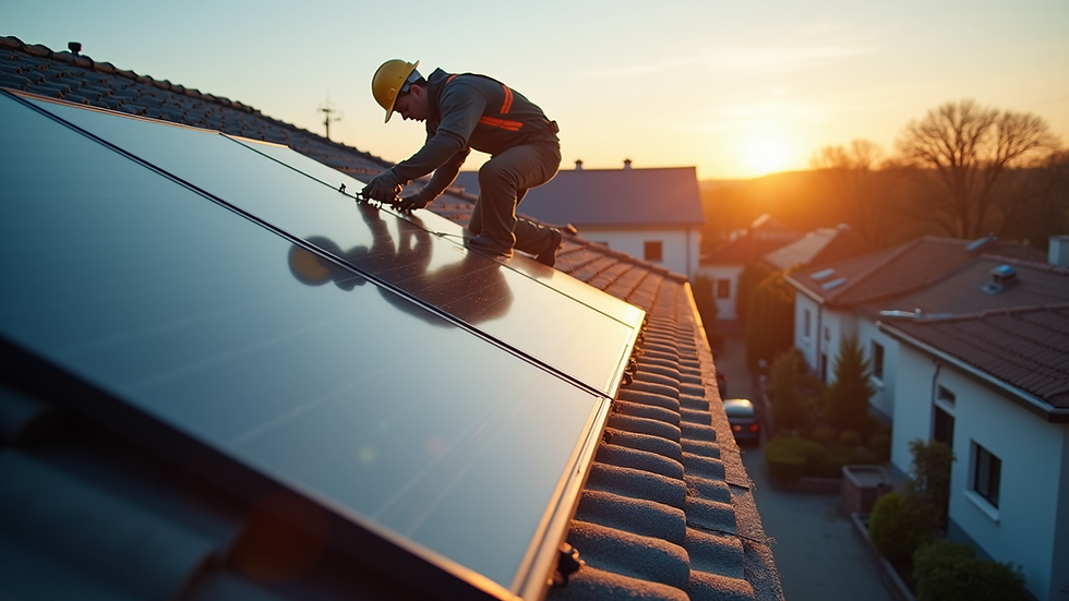 High angle view of solar panels being installed on a residential roof