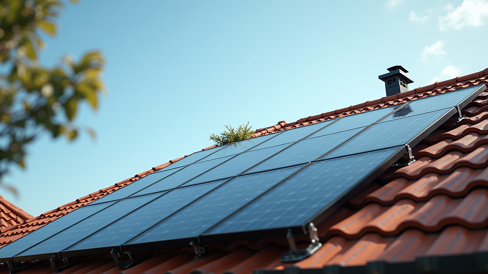 High angle view of solar panels on a suburban home roof with clear sky
