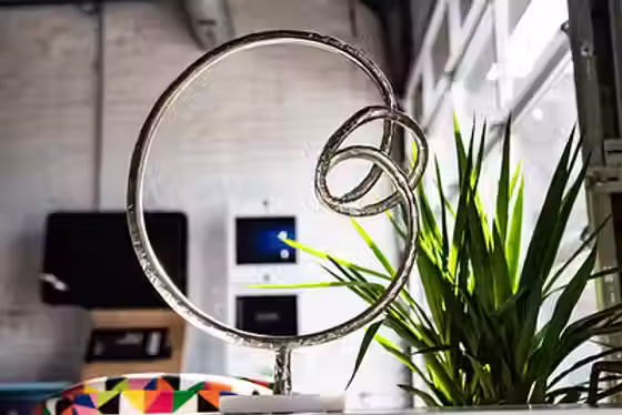 A closeup of a modern piece of art that is a silver hoop.