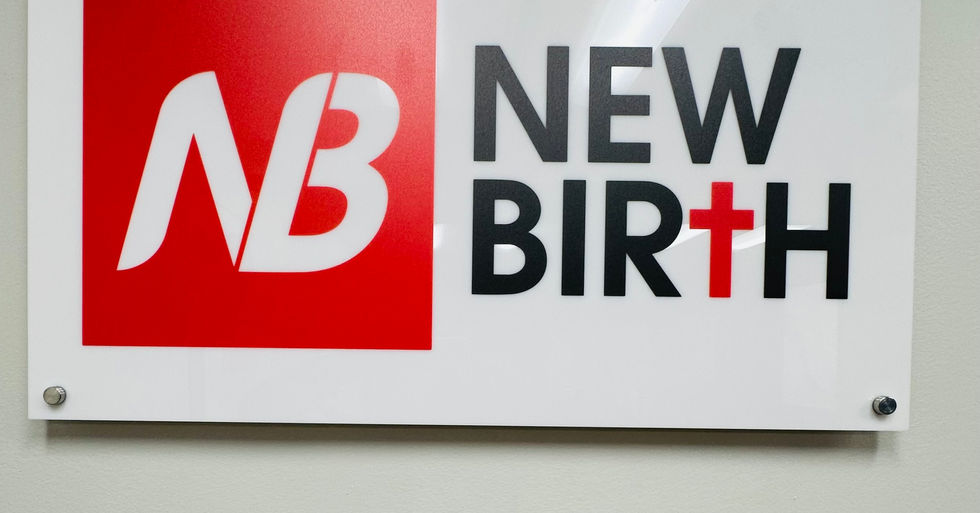 A wall sign for New Birth Christian Ministries