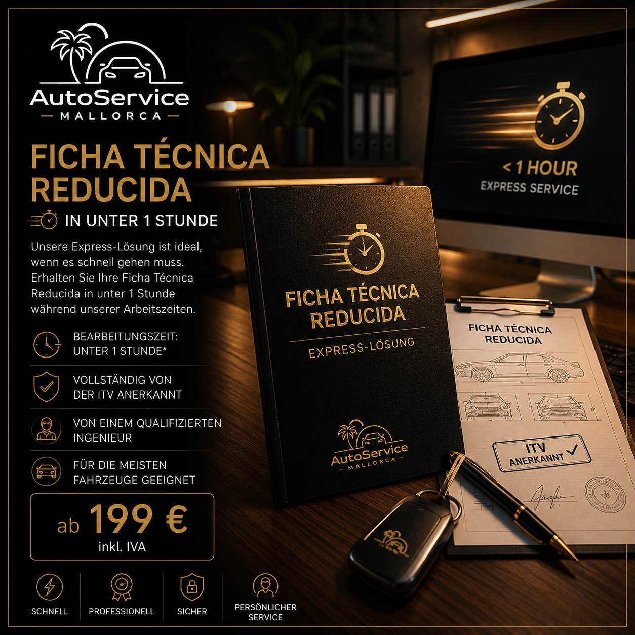Ficha Técnica Reducida Express Mallorca von AutoService Mallorca mit technischer Fahrzeugdokumentation und Express-Service