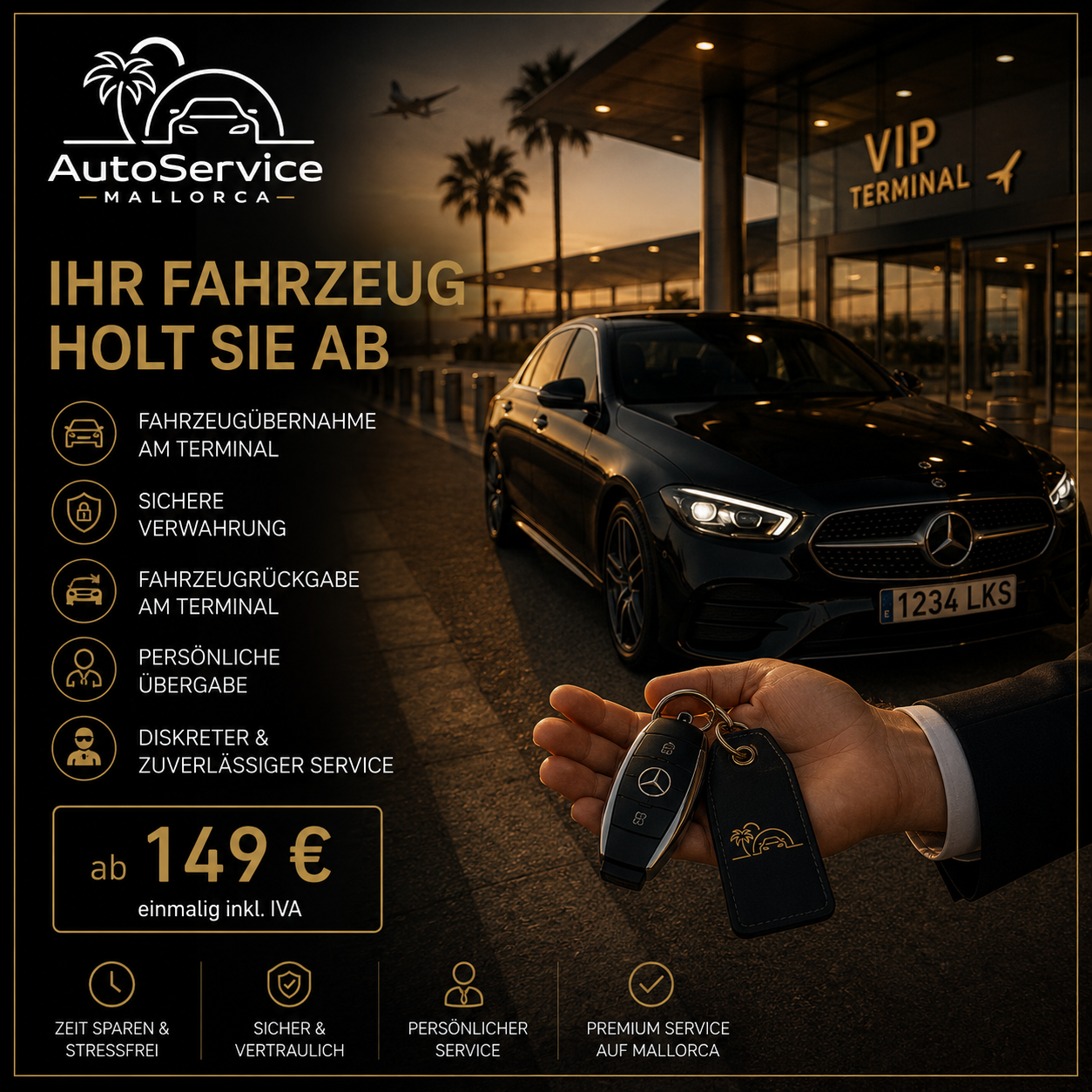 Fahrzeug Concierge Mallorca von AutoService Mallorca mit Fahrzeugübergabe am Flughafen und sicherer Verwahrung