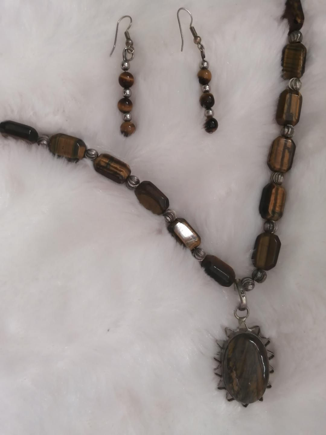 Necklace Earrings Set Natural Tigers Eye Silver Oval Pendant