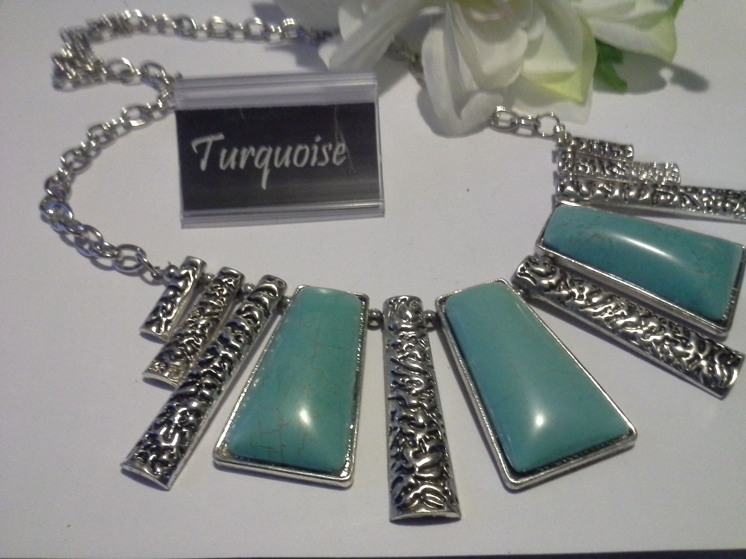 Necklace Natural Turquoise Rectangles Silver Filigree
