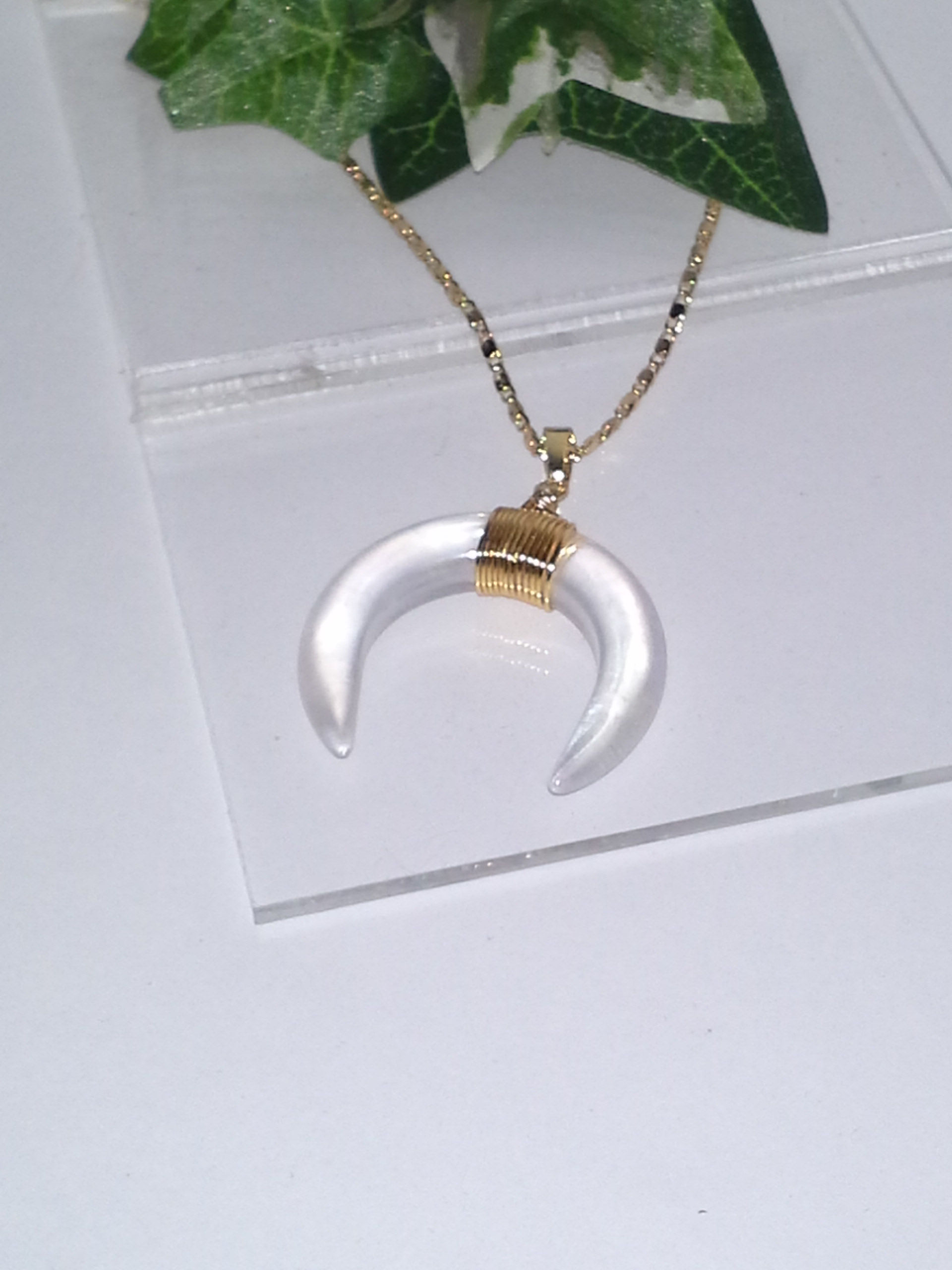 Necklace Natural Clear Aura Quartz Moon Pendant Gold