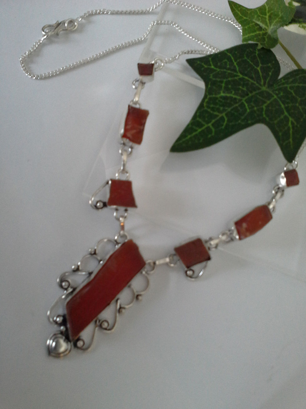 Thumbnail: Necklace Natural Carnelian Silver 925 Rectangle Filigree