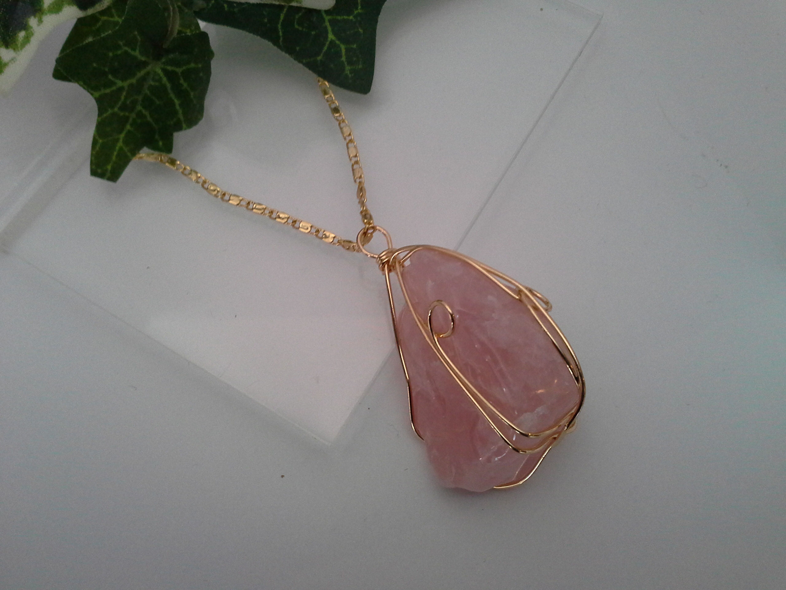 Necklace Natural Rose Quartz Wrapped Pendant Gold Plated Necklace