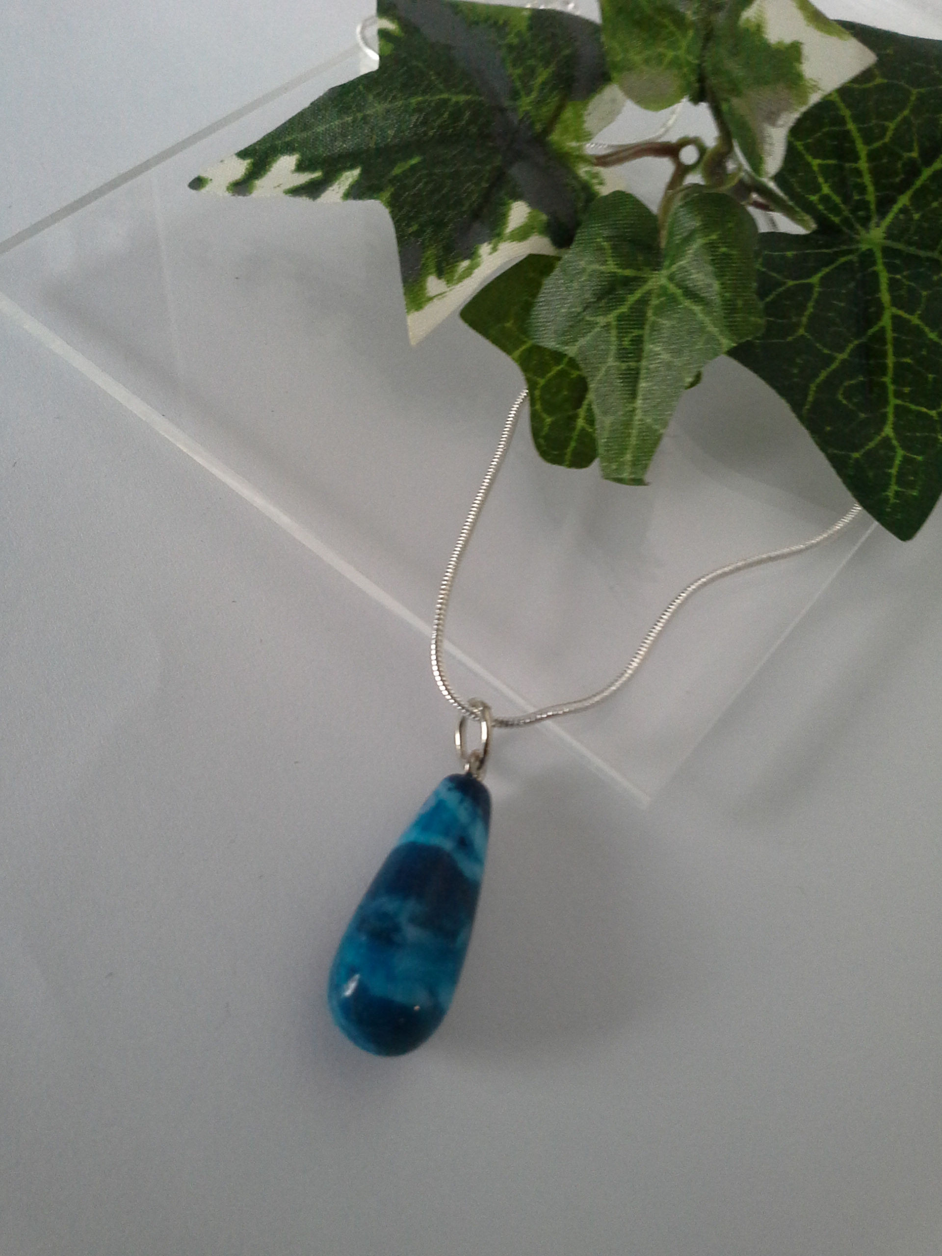 Necklace Natural Blue Agate Teardrop Silver 925