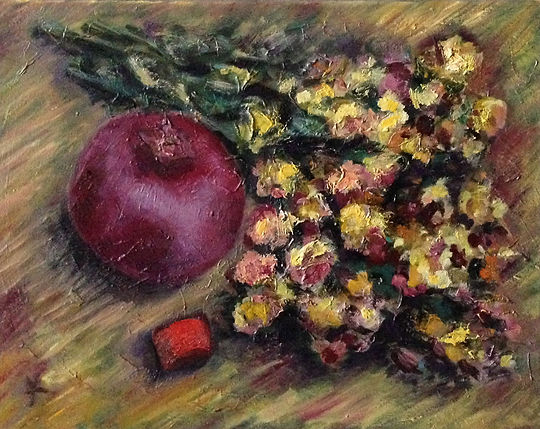 Pomegranate and Yellow Flowers