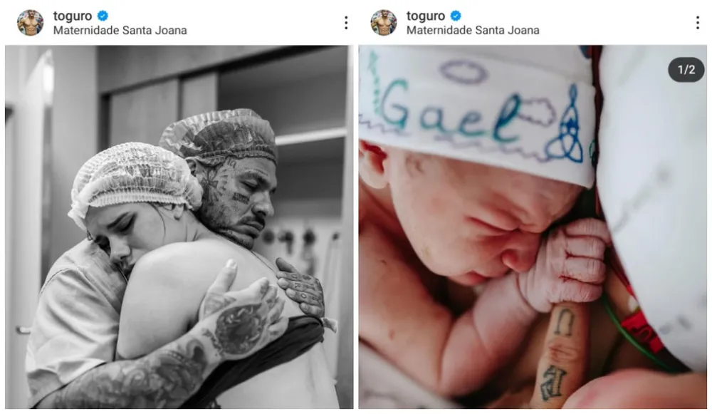 Montagem de fotos do influenciador Tiago Toguro e Nara Paraguaia durante o nascimento do filho Gael. - Foto: Reprodução/Instagram