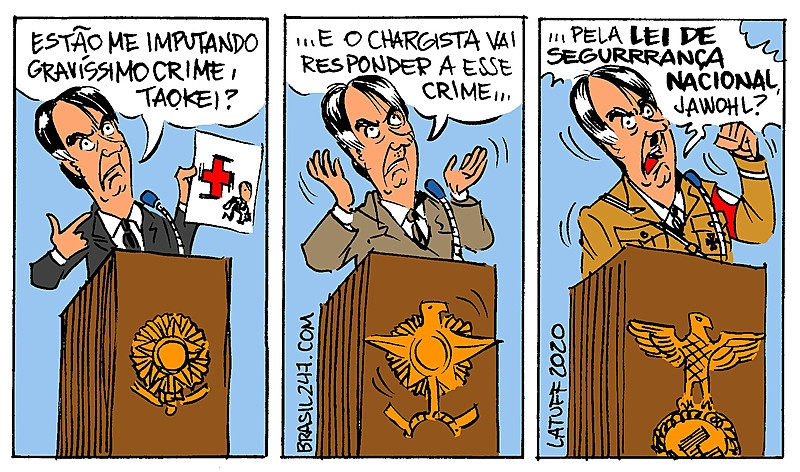 Charge de Carlos Latuff em crítica as posturas do governo Bolsonaro diante da liberdade de crítica de Aroeira e dos chargistas. / Carlos Latuff